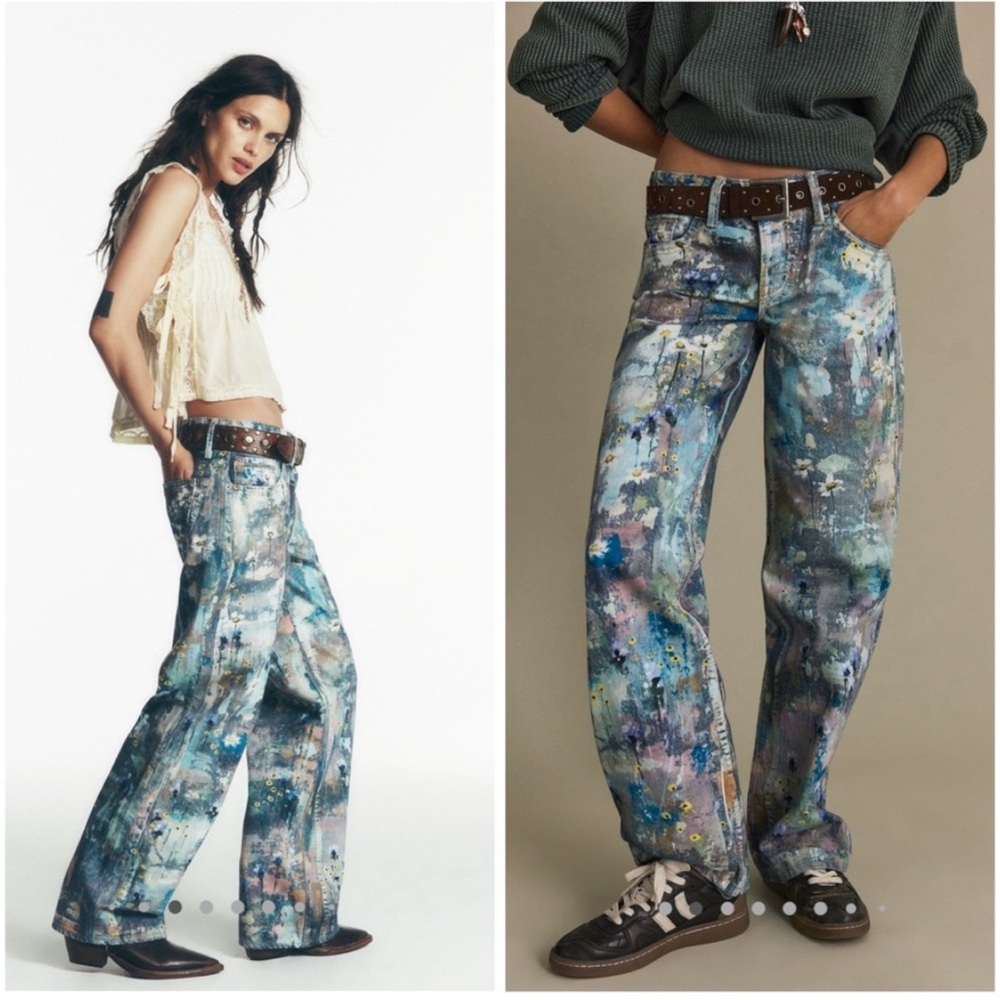 Free People Tennessee Low Rise Illusion Jeans Floral Canvas Paint Splatter Sz 27